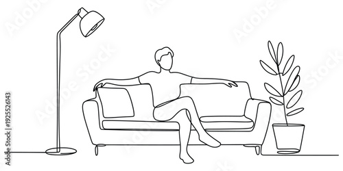 Minimalist one line drawing of man relaxing on sofa in living room