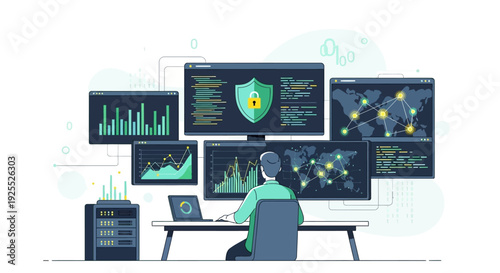 Cybersecurity expert monitoring complex data streams on multiple screens.