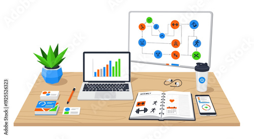 Desk setup with laptop, charts, and fitness guide.