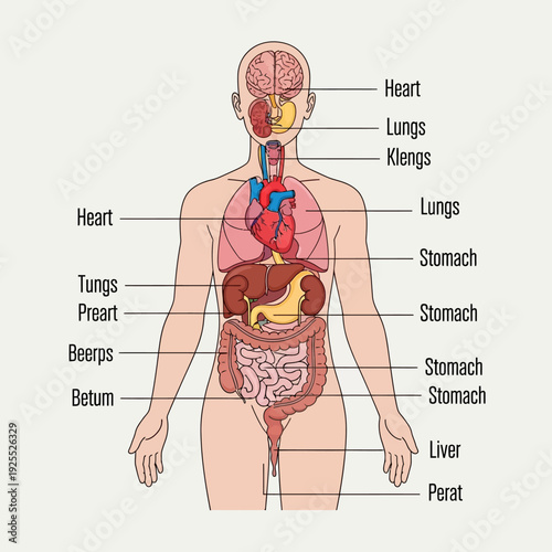 Human Anatomy Diagram: Organs of the Torso and Head, Labeled