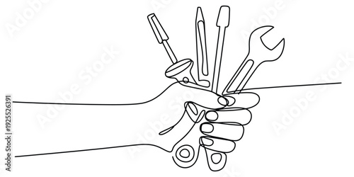 Minimalist one line drawing of hand holding repair tools