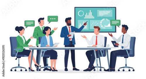 Diverse business team collaborating in a modern office meeting.