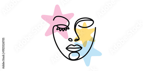 Minimalist abstract woman face line art with pastel stars