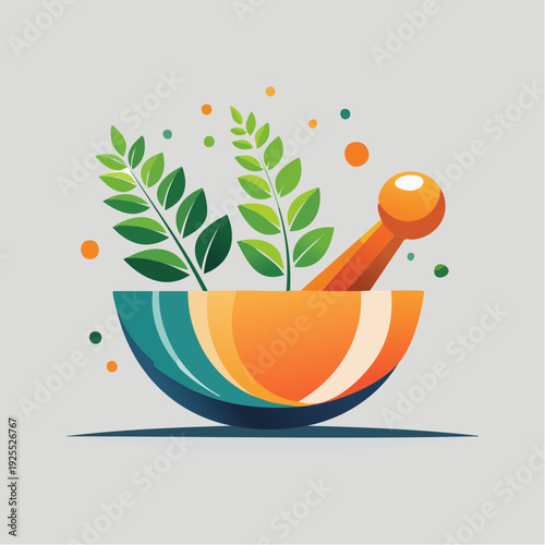 Vibrant Illustration of Mortar and Pestle with Lush Green Herbs Symbolizing Natural Wellness and Holistic Health