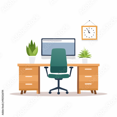 Modern home office desk with computer and plants, productivity and work from home concept