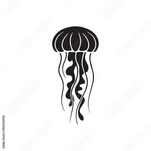 Jellyfish silhouette black and white stylized illustration of marine life creature floating underwater elegant tentacles flowing graceful sea animal abstract symbol deep ocean dweller mythical entity