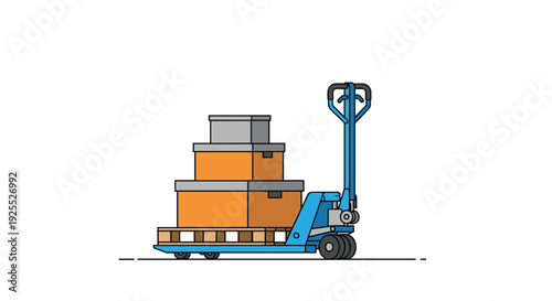 A blue manual pallet jack carries a wooden pallet loaded with three stacked orange and grey boxes on a white background.