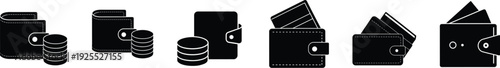 Wallet and money purse icon set featuring black silhouette of leather pocket with dollar coins and credit card for financial payment savings and more vector illustration or editable stroke