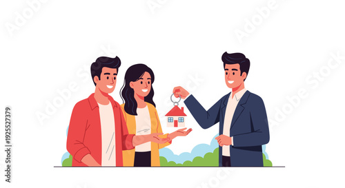 A male real estate agent in a blue suit hands a house key to a smiling young couple in an outdoor park environment.