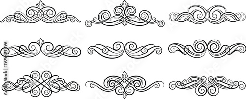Collection of nine black ornamental scrollwork flourishes and dividers decorative