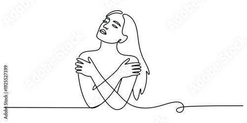 Minimalist continuous line art of woman hugging herself for self-love concept