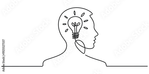 Minimalist continuous line art of human head with light bulb idea