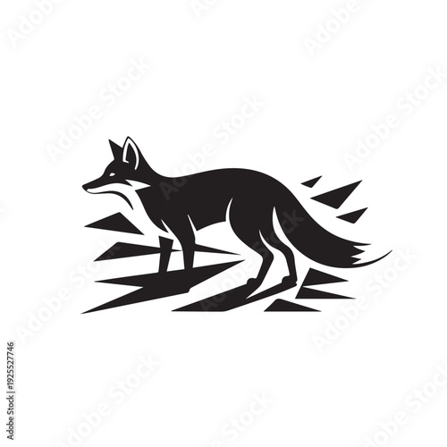 Stylized fox silhouette vector illustration, black and white graphic design with sharp geometric shapes around animal on white background