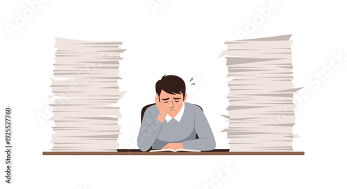 A tired office worker leans his head on his hand while sitting at a brown desk flanked by two large stacks of white paper.