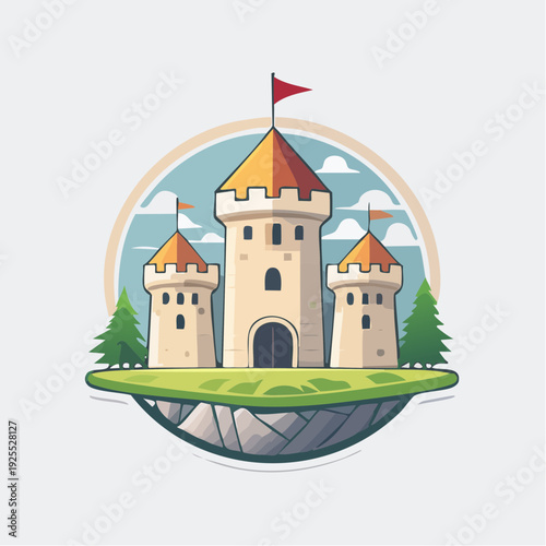 Enchanting fairytale castle illustration perched majestically on a whimsical floating island