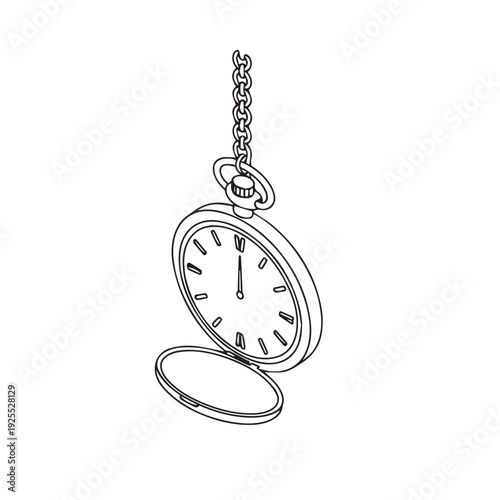 Vintage pocket watch with chain isometric line art illustration black and white outline drawing of antique timekeeping device for concept of history and time management background