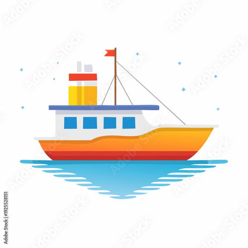 Colorful fishing trawler sailing on the calm blue sea, a flat vector illustration isolated on white