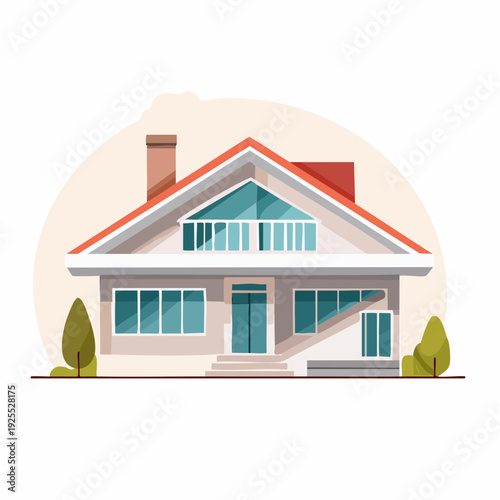 Cozy modern house with red roof and large windows surrounded by trees