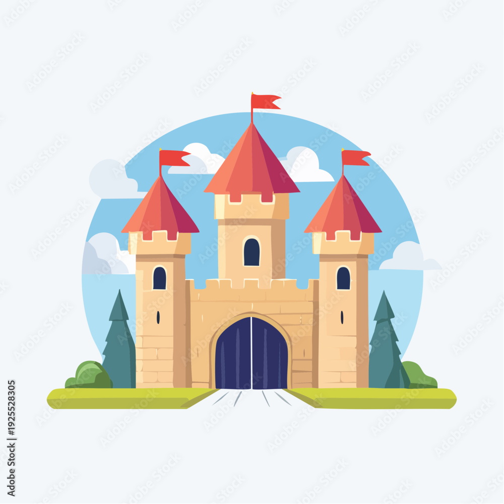 Naklejka premium Fairytale medieval castle with red flags and green trees under a blue sky