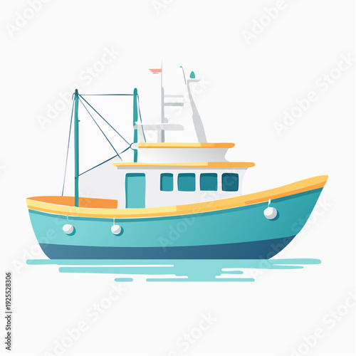 Fishing boat illustration with turquoise hull and yellow accents on calm water