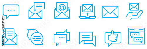 Set of clean line art chat message icons and speech bubbles with text messages symbols, representing communication and conversation, isolated on a white background, perfect for digital interfaces and