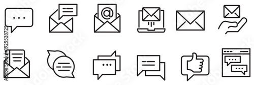 Set of clean line art chat message icons and speech bubbles with text messages symbols, representing communication and conversation, isolated on a white background, perfect for digital interfaces and