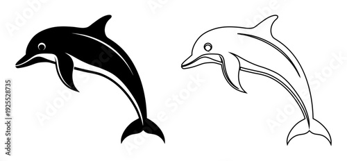 Playful dolphin leaping from water in silhouette and outline