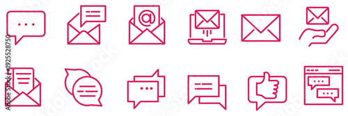 Set of clean line art chat message icons and speech bubbles with text messages symbols, representing communication and conversation, isolated on a white background, perfect for digital interfaces and