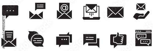 Set of clean line art chat message icons and speech bubbles with text messages symbols, representing communication and conversation, isolated on a white background, perfect for digital interfaces and