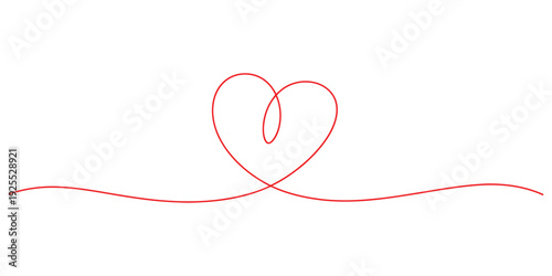 A continuous red thread line forming a simple heart shape in the center on a plain white background