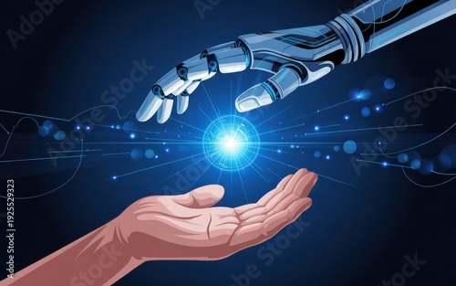 Seamless Human-Robot Partnership: Futuristic Metallic Hand and Human Hand Interacting with a Glowing Energy Orb, AI Future Concept