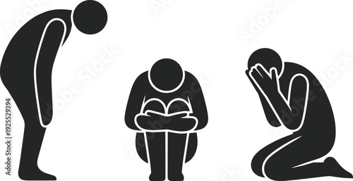 Human Posture and Emotion Icon Set Featuring Sad, Stressed and Reading Figures Black Silhouette Vector Illustration Collection