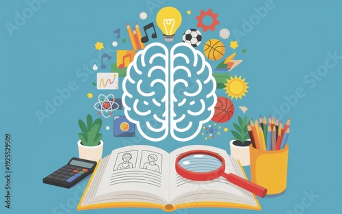 Colorful Mind Map: Brain Illustration Surrounded by Diverse Learning, Creativity, and Hobby Icons on a Vibrant Blue Background