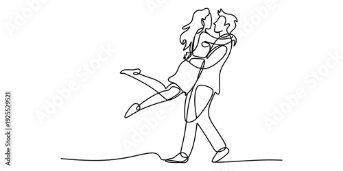 Continuous single line drawing capturing a romantic moment between a couple embracing