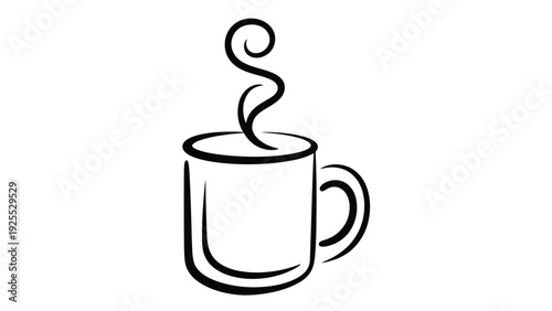 A simple black and white line art drawing of a hot beverage mug with steam rising