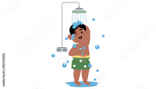 Shower cartoon boy taking a bath with soap bubbles and water