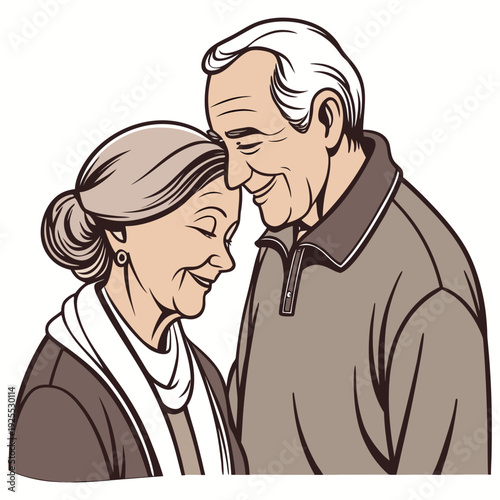 Happy elderly couple touching foreheads and smiling