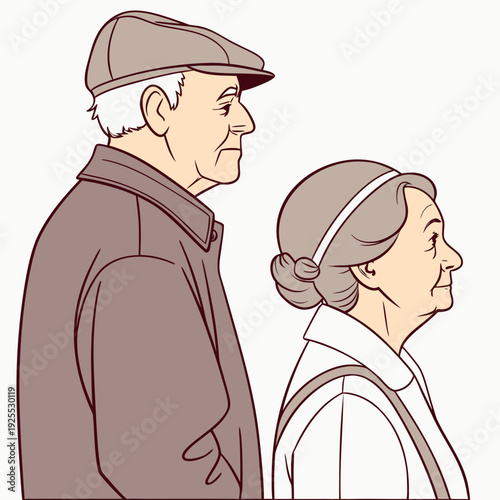 Elderly couple standing side by side in profile