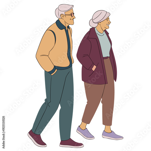 Elderly couple walking together in casual clothes