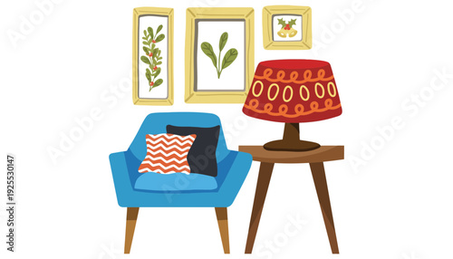 A blue armchair with pillows and a lamp on a side table