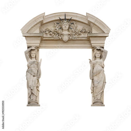 Element of architectural decoration of buildings. Old arch with the head of the Statue of Liberty. Neo-Classicism style
