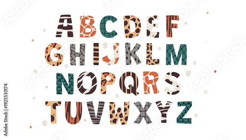 Alphabet colorful animal print uppercase letters illustration on white background