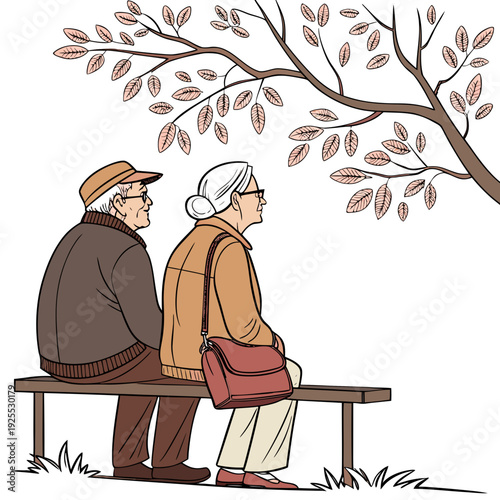 An elderly couple sitting on a bench under a tree