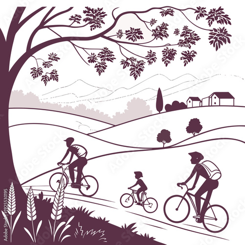 A family rides bicycles on a country road