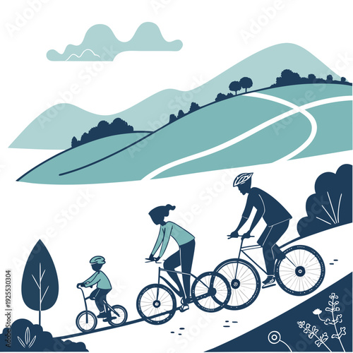 Family riding bicycles on a scenic road