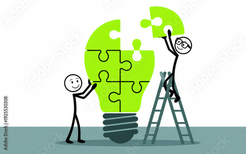 Creative Teamwork: Stick Figures Solving Puzzle to Form a Green Lightbulb, Symbolizing Innovation and Idea Development