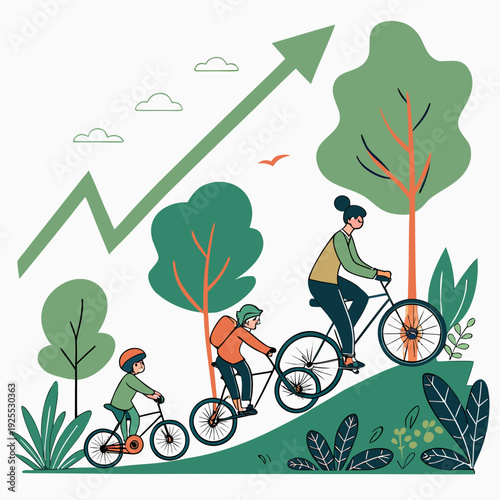 People riding bicycles on a path in a park with a green arrow