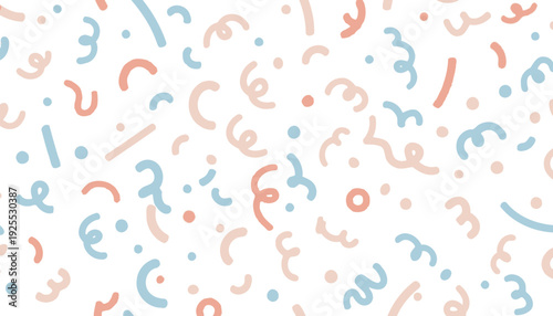 A colorful confetti pattern with pastel shapes on a white background