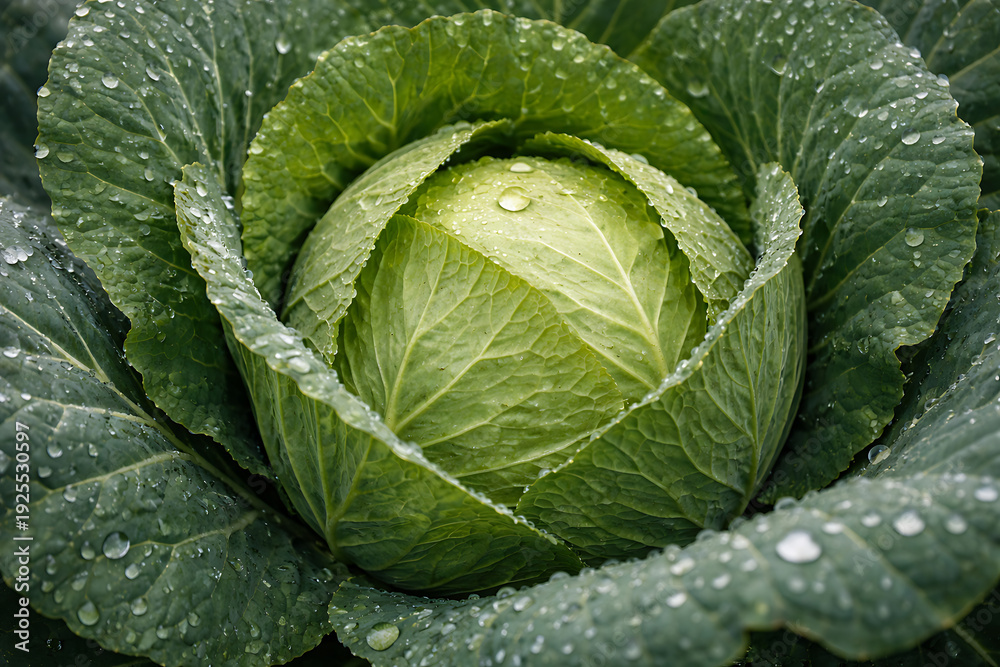Fototapeta premium Fresh green cabbage with morning dew drops