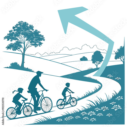 Family riding bicycles on a path with an arrow